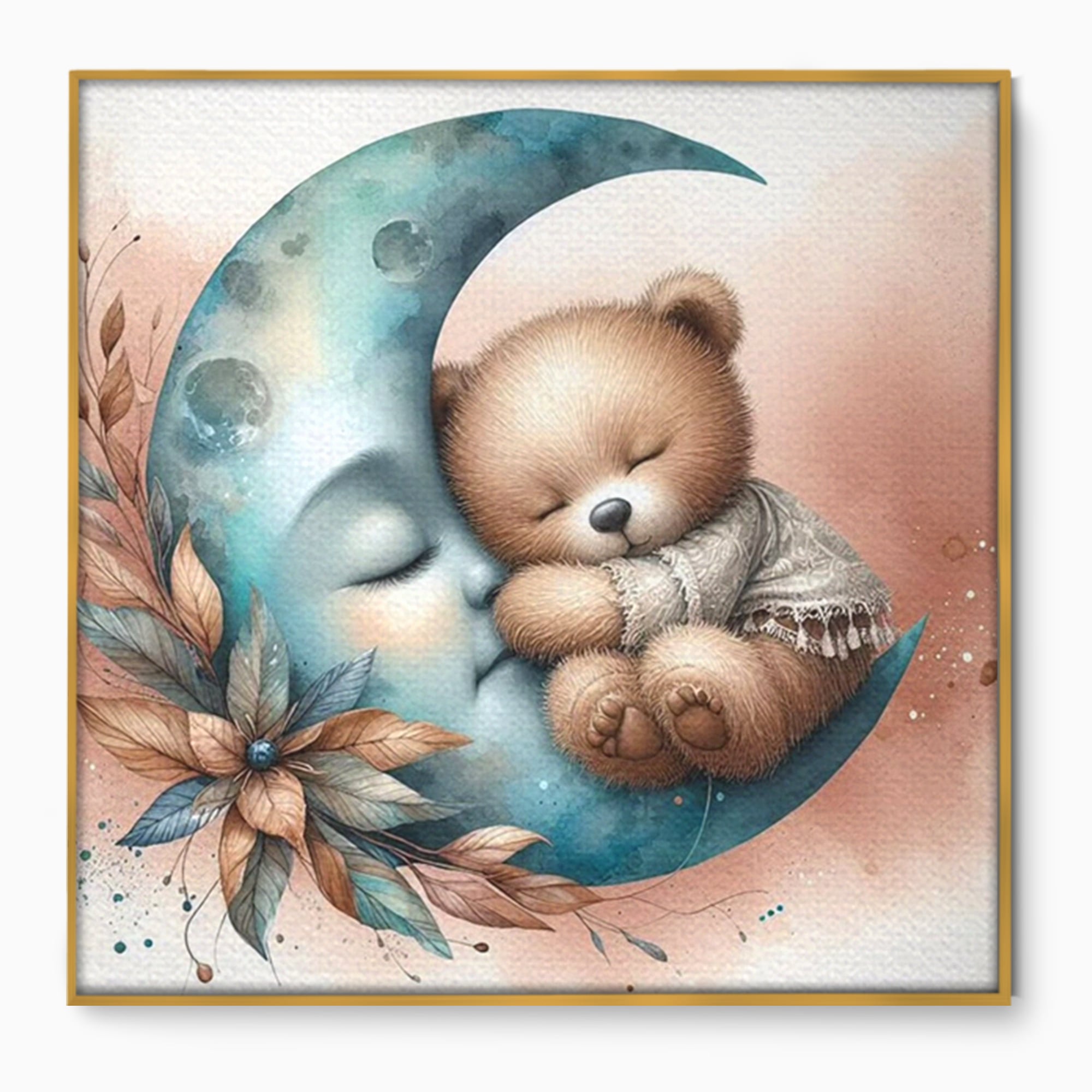 Tablou canvas cu tablou canvas cu ursulet adormit pe luna, in rama de aluminiu auriu